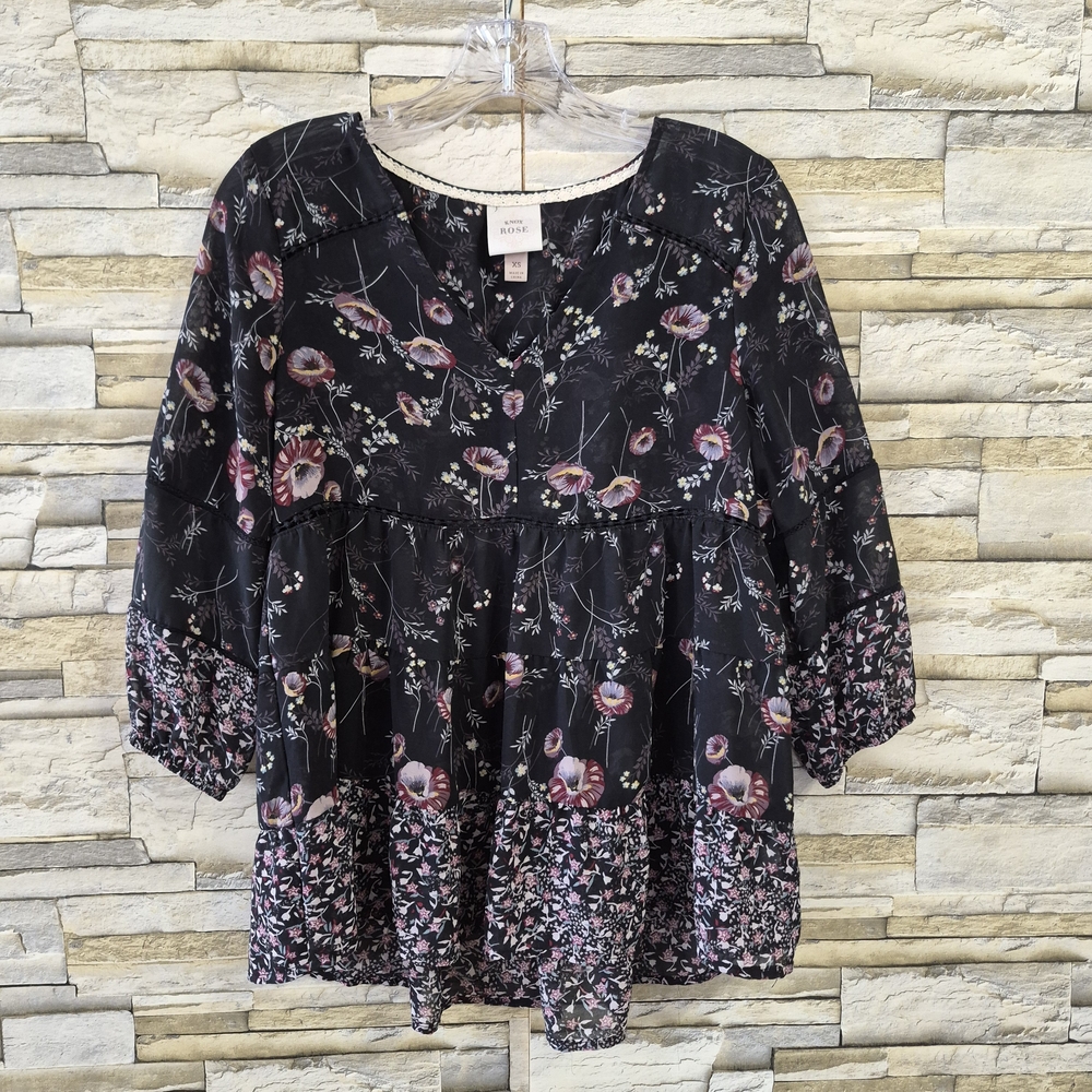 ​Knox Rose Blouse Women XS Black Floral Cottagecore Boho Tiered Long Sleeve